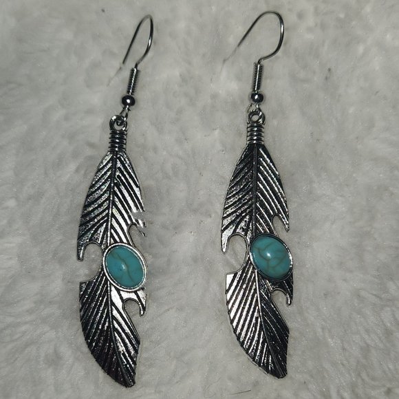 Jewelry - Earrings, dangle, silver with round turquoise and feather, 2.25"   NEW